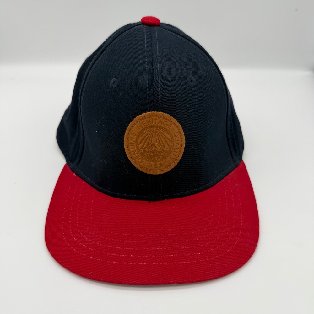 American Eagle‎ Outfitters Snapback Hat Navy Red Leather Logo Patch USA Flag Cap